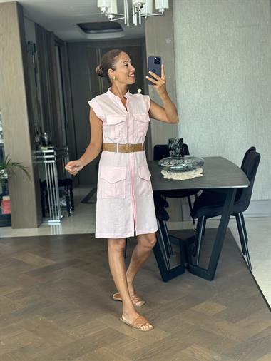 Pembe Hakim Yaka Kemerli Dört Cepli Keten Kadın Mini Elbise