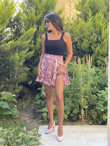 Pembe Halat  Kemerli  Şal Desen Kadın Şortlu Etek