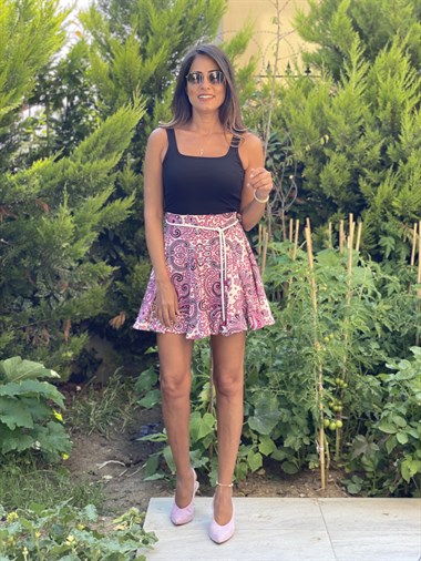 Pembe Halat  Kemerli  Şal Desen Kadın Şortlu Etek
