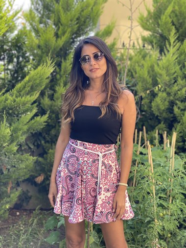 Pembe Halat  Kemerli  Şal Desen Kadın Şortlu Etek