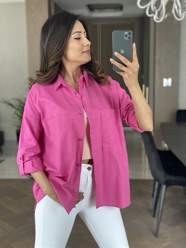 Pembe İki Cepli Oversize Keten Gömlek
