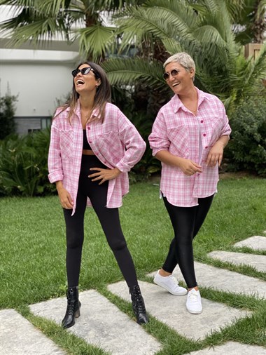 Pembe İki Cepli Oversize Tüvit Kadın Gömlek