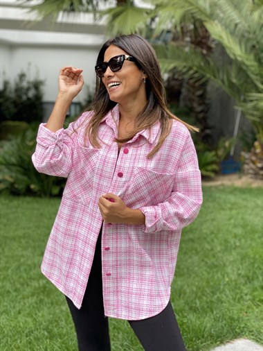Pembe İki Cepli Oversize Tüvit Kadın Gömlek