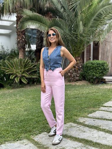 Pembe Jogger Beli Bağcıklı Keten Kadın Pantolon