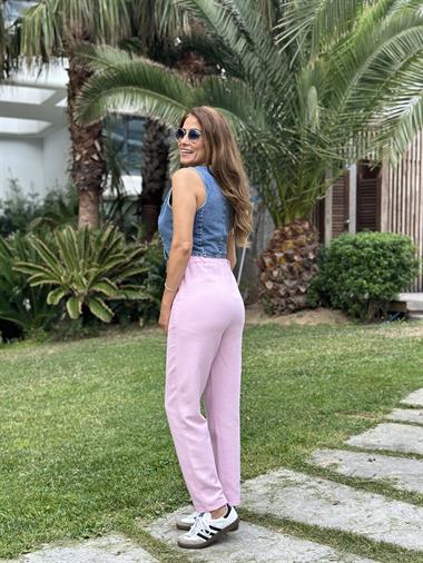 Pembe Jogger Beli Bağcıklı Keten Kadın Pantolon