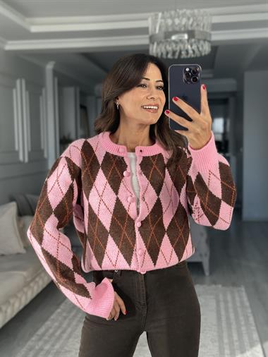 Pembe Kahverengi Baklava Desen Bisiklet Yaka Kadın Triko Hırka