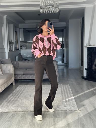 Pembe Kahverengi Baklava Desen Bisiklet Yaka Kadın Triko Hırka