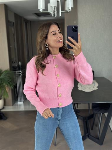 Pembe Kalp Düğmeli Kadın Triko Hırka