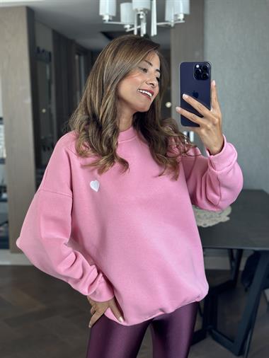 Pembe Kalp İşlemeli Bisiklet Yaka Oversize Kadın Sweatshirt