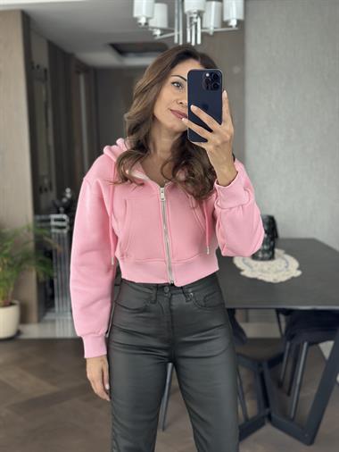 Pembe Kanguru Cep Fermuarlı Kapüşonlu Kadın Crop Sweatshirt