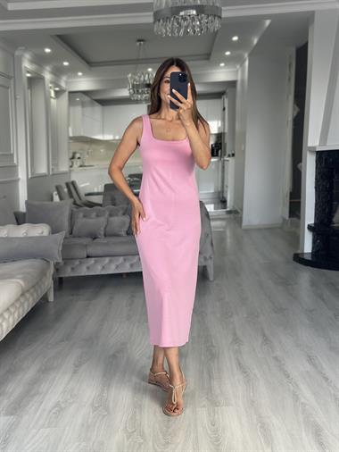 Pembe Kare Yaka Düz Basic Midi Boy Kadın Elbise 