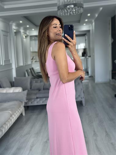 Pembe Kare Yaka Düz Basic Midi Boy Kadın Elbise 