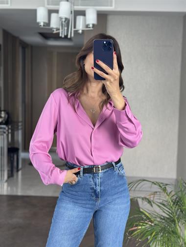 Pembe Karol Uzun Kol Saten Kadın Gömlek