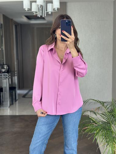 Pembe Karol Uzun Kol Saten Kadın Gömlek