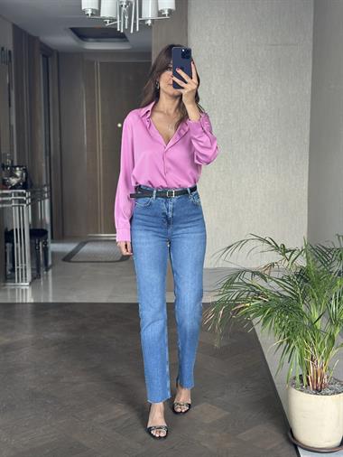 Pembe Karol Uzun Kol Saten Kadın Gömlek