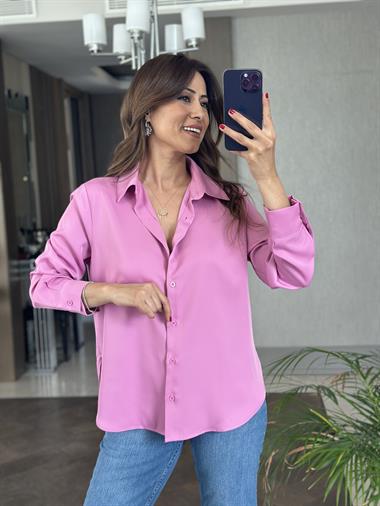 Pembe Karol Uzun Kol Saten Kadın Gömlek