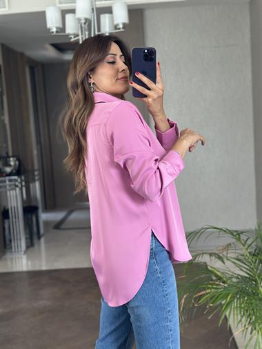 Pembe Karol Uzun Kol Saten Kadın Gömlek