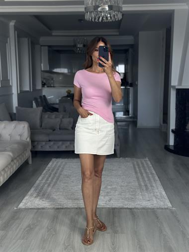 Pembe Kayık Yaka Modal Kısa Kol Kadın Body