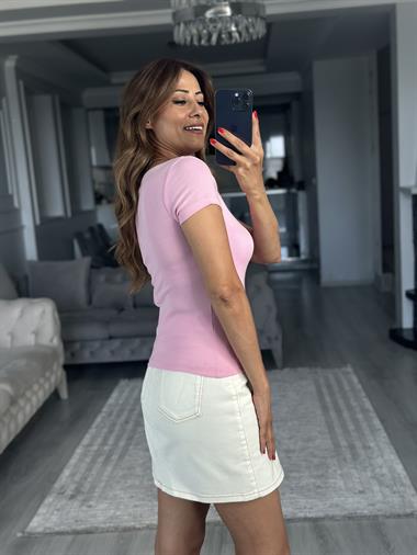 Pembe Kayık Yaka Modal Kısa Kol Kadın Body