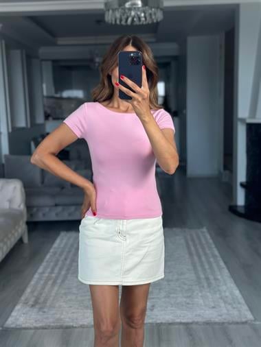 Pembe Kayık Yaka Modal Kısa Kol Kadın Body