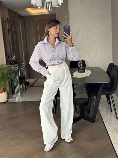 Pembe Çizgili Kemer Detay Kadın Crop Gömlek