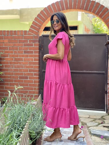 Pembe Keten Aerobin V Yaka Maksi Boy Katlı Kadın Elbise