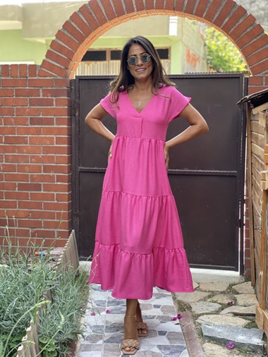 Pembe Keten Aerobin V Yaka Maksi Boy Katlı Kadın Elbise