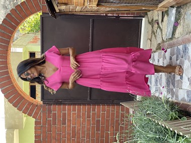 Pembe Keten Aerobin V Yaka Maksi Boy Katlı Kadın Elbise