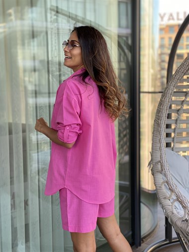 Pembe Keten Gömlek Şort İkili Kadın Takım