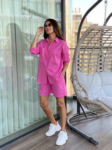 Pembe Keten Gömlek Şort İkili Kadın Takım