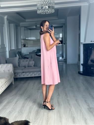 Pembe Keten Önü Pensli V Yaka Sıfır Kol Cepli Kadın Midi Boy Elbise