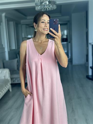 Pembe Keten Önü Pensli V Yaka Sıfır Kol Cepli Kadın Midi Boy Elbise