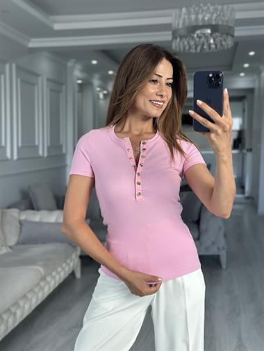 Pembe Kısa Kol Çıtçıt Düğmeli Bisiklet Yaka Kaşkorse Kadın Body
