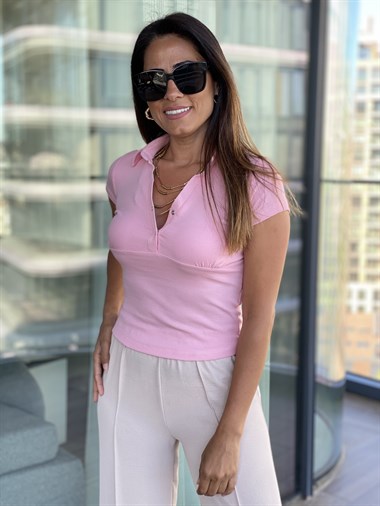 Pembe Kısa Kol Önü Çıtçıtlı Kaşkorse Bluz