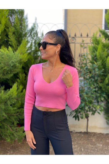 Pembe Kısa Triko Bluz