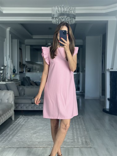 Pembe Kolları Fırfırlı Cepli Mini Kadın Mini Elbise 