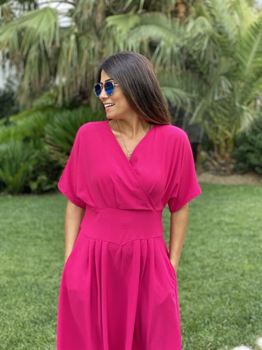 Pembe Kruvaze Yaka Yarasa Kol Aerobin Kadın Elbise 