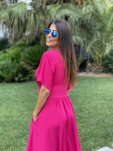 Pembe Kruvaze Yaka Yarasa Kol Aerobin Kadın Elbise 