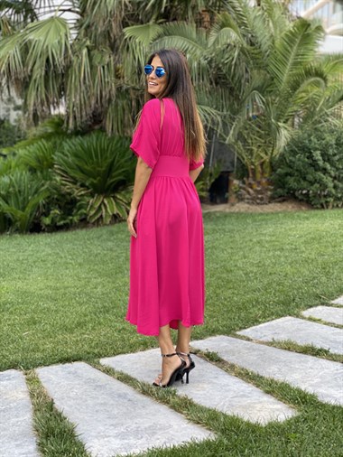 Pembe Kruvaze Yaka Yarasa Kol Aerobin Kadın Elbise 