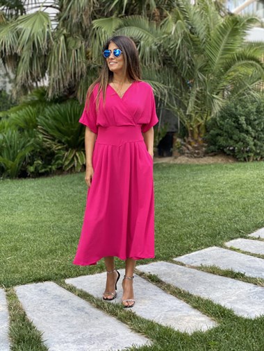 Pembe Kruvaze Yaka Yarasa Kol Aerobin Kadın Elbise 