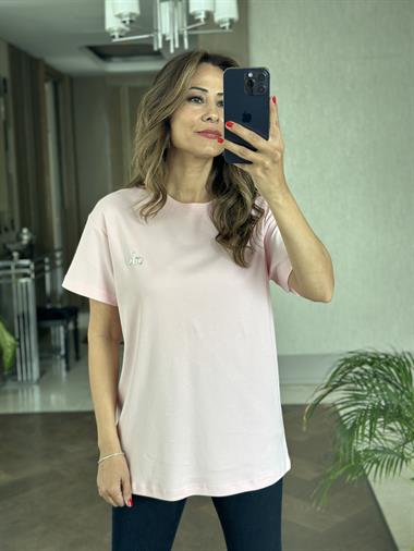 Pembe Logo Detaylı Bisiklet Yaka Basic Kadın T-Shirt
