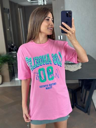 Pembe Los 90 Baskılı Bisiklet Yaka Kadın T-Shirt
