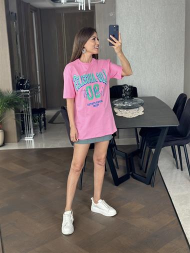 Pembe Los 90 Baskılı Bisiklet Yaka Kadın T-Shirt