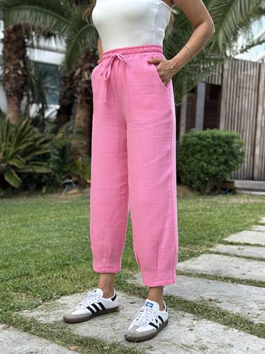 Pembe Müslin Paça Pensli Kadın Pantolon
