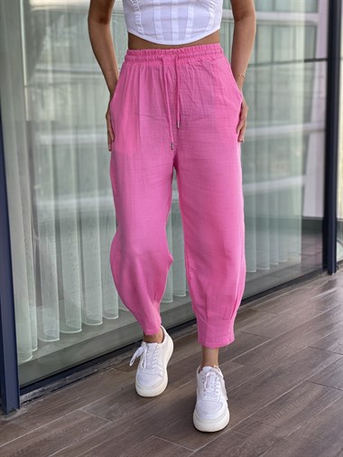 Pembe Müslin Paça Pensli Pantolon