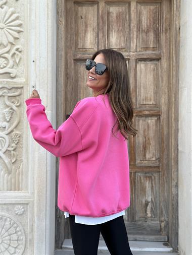 Pembe Omzu Dikiş Detay Bisiklet Yaka Şardonlu Kadın Sweatshirt
