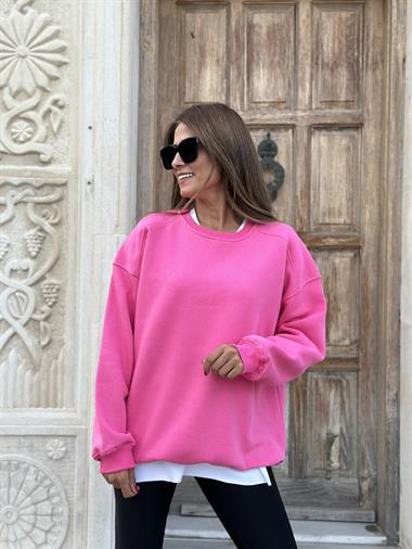Pembe Omzu Dikiş Detay Bisiklet Yaka Şardonlu Kadın Sweatshirt