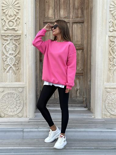 Pembe Omzu Dikiş Detay Bisiklet Yaka Şardonlu Kadın Sweatshirt