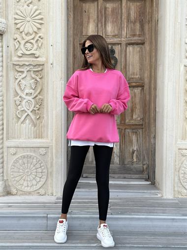 Pembe Omzu Dikiş Detay Bisiklet Yaka Şardonlu Kadın Sweatshirt