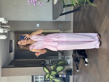 Pembe Omzu Ve Önü Bağcıklı Bluz Pantolon Kadın İkili Takım